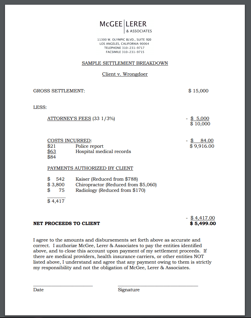 Sample Personal Injury Settlement Breakdown